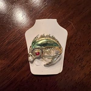 Gold Tone Fish Brooch with Green Enamel